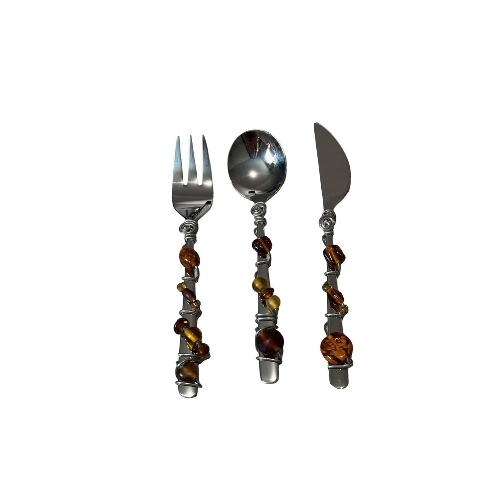 Handmade Wire Wrapped Beaded 3pc Flatware Set Amber Brown 18/10 Stainless Steel